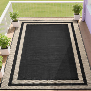 Outdoor Rugs Waterproof s Clearance,Large Plastic Straw Mats for Backyard,Porch,Deck,Balcony,Black&Beige