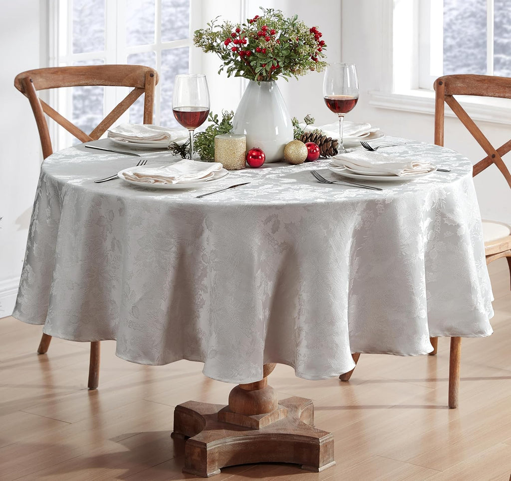 Christmas Carol Holiday Noel Damask Fabric Tablecloth, 60 x 84 Inch Oval, Grey, Holly Leaf Poinsetti