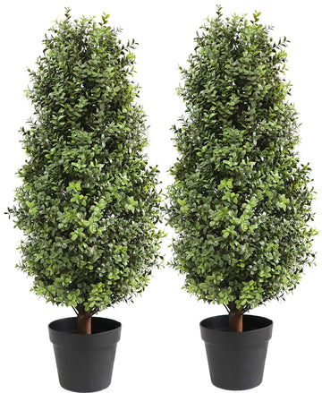 35inch Artificial Topiary Boxwood Tree, Faux Plants Outdoor 2 Packs Fake Bushes Faux Shrub, Artificial Topiary for