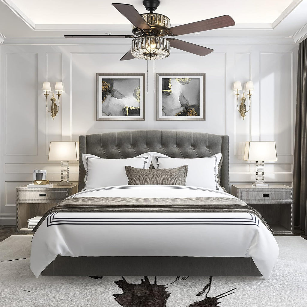 52" Glam Double-Lit LED Ceiling Fan with Clear K-9 Crystal Caged Lights - Reversible Blades (Mahogany/Antique Black)
