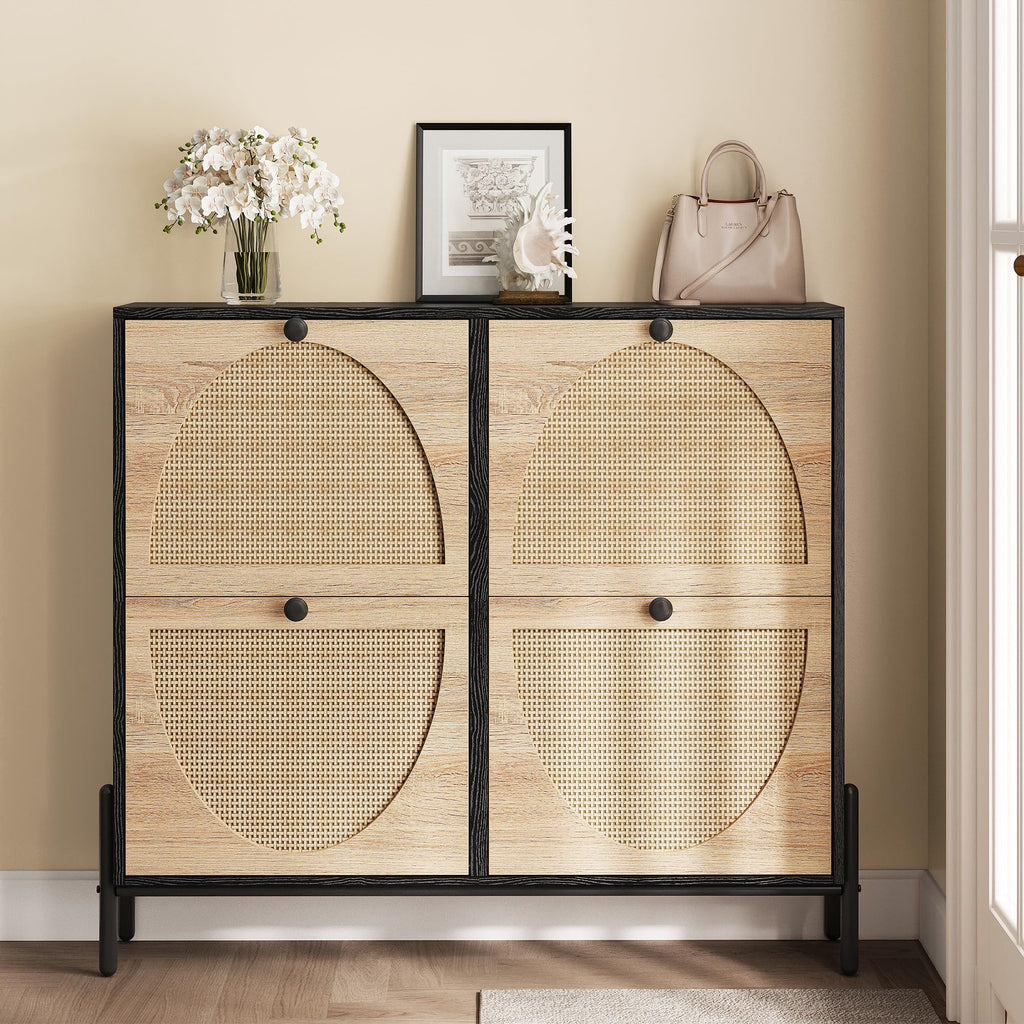 Rattan Shoe Cabinet Storage with 4 Flip Drawers, Black