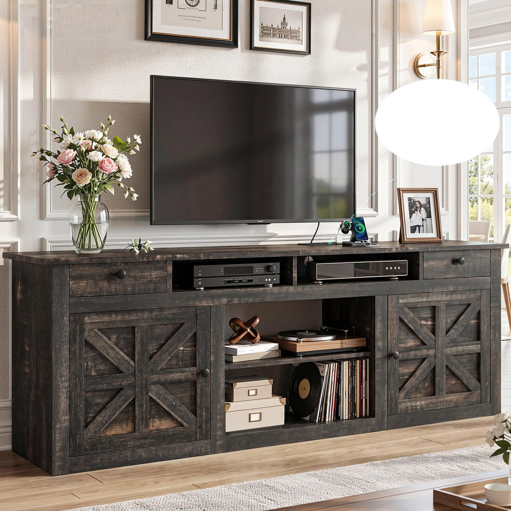 70" Farmhouse TV Stand for 75/80 Inch TVs, Storage, Rustic Oak