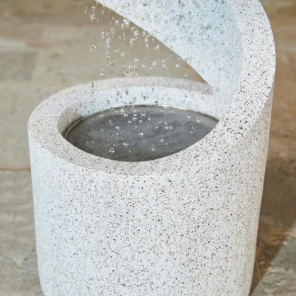 Outdoor Water Fountain with LED Light, Decorative Tiered Curved Waterfall Fountain with Stone Planter, Faux Terrazzo
