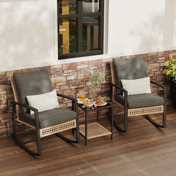 3 Piece Patio Rocking Chairs Set of 2, Outdoor Rocking Chair Bistro Set with Tempered Glass Coffee Table and Thick