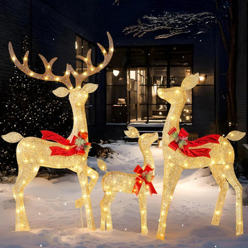 Outdoor Christmas Decorations for Yard, 3 Pcs Lighted Christmas Deer Family Set, 3 4 5FT Warm White LED Lights