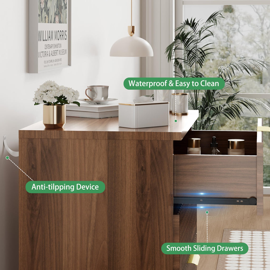 Fluted Dresser with 3 Drawers, 24" Wide Modern Chest of Drawers with Metal Handle, Wooden Dresser TV Stand, Wood