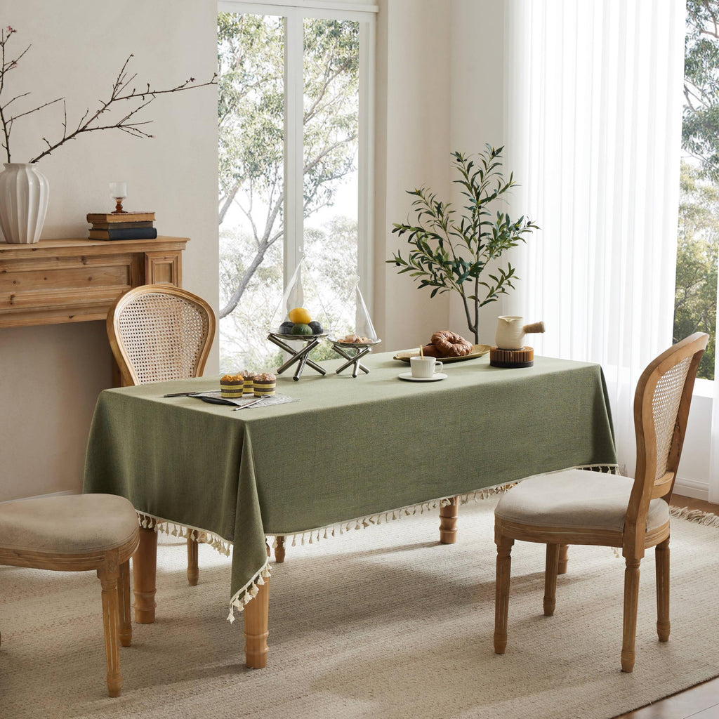Tassel Linen Square Table Cloth, Olive 60x60 Inch