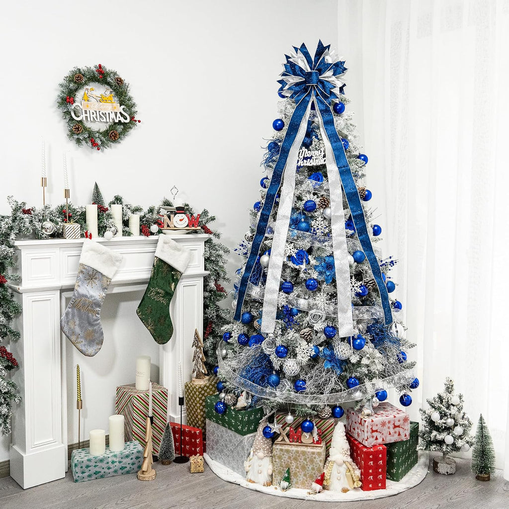 Large Christmas Tree Topper Bow,Blue & Silver 53x13 Inches
