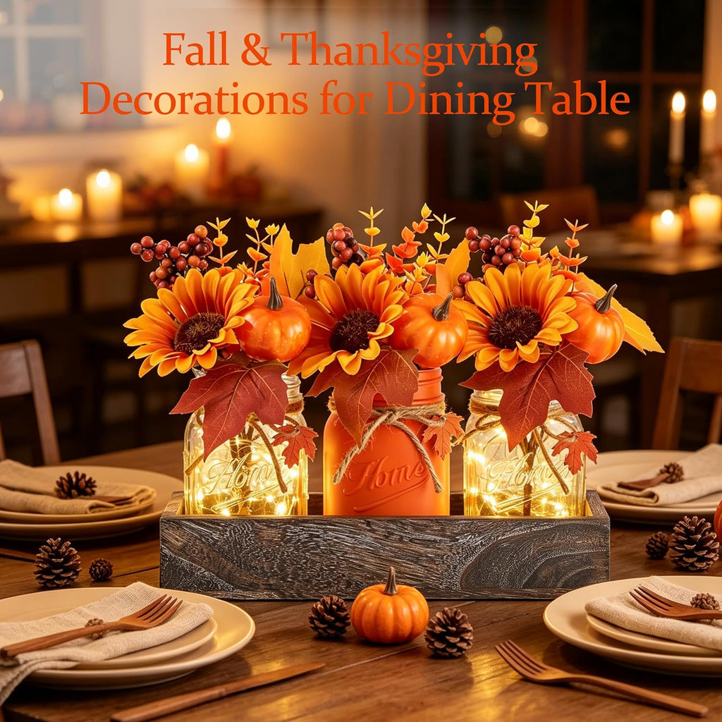 Mason Jar Fall Thanksgiving Table Decorations, Centerpieces for Tables - Set of 3