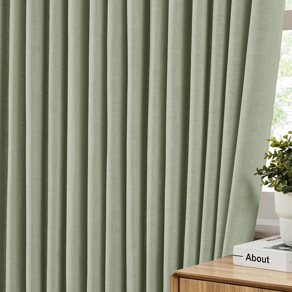 Pinch Pleated Linen Curtains 96 Inches Long 2 Panels Bedroom Light Filtering Semi Sheer Sage Green Drapes Back Tab