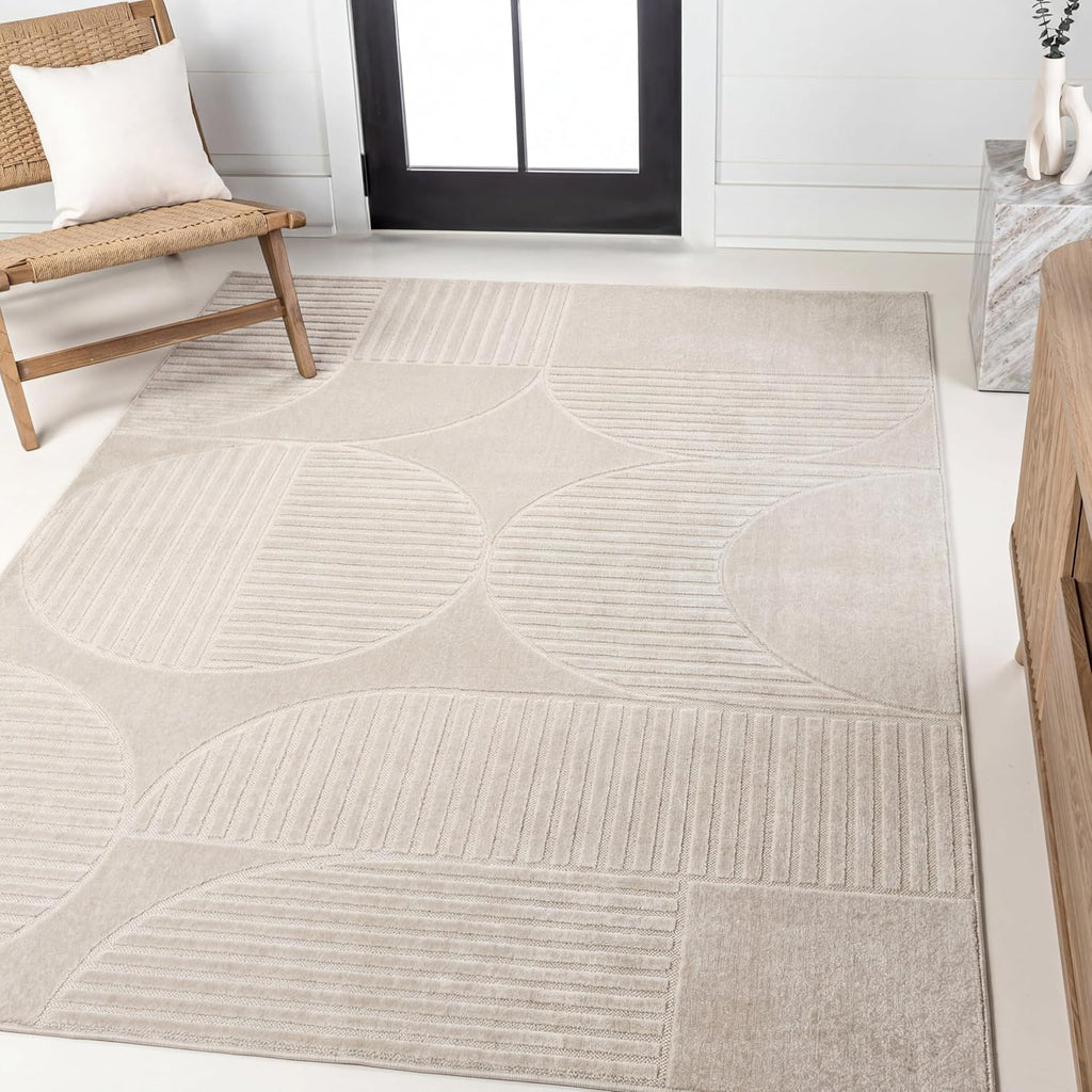 Y Nordby High-Low Arch Striped Ivory/Cream Indoor/Outdoor Area Rug, 8x10, Modern, Contemporary, Geometric