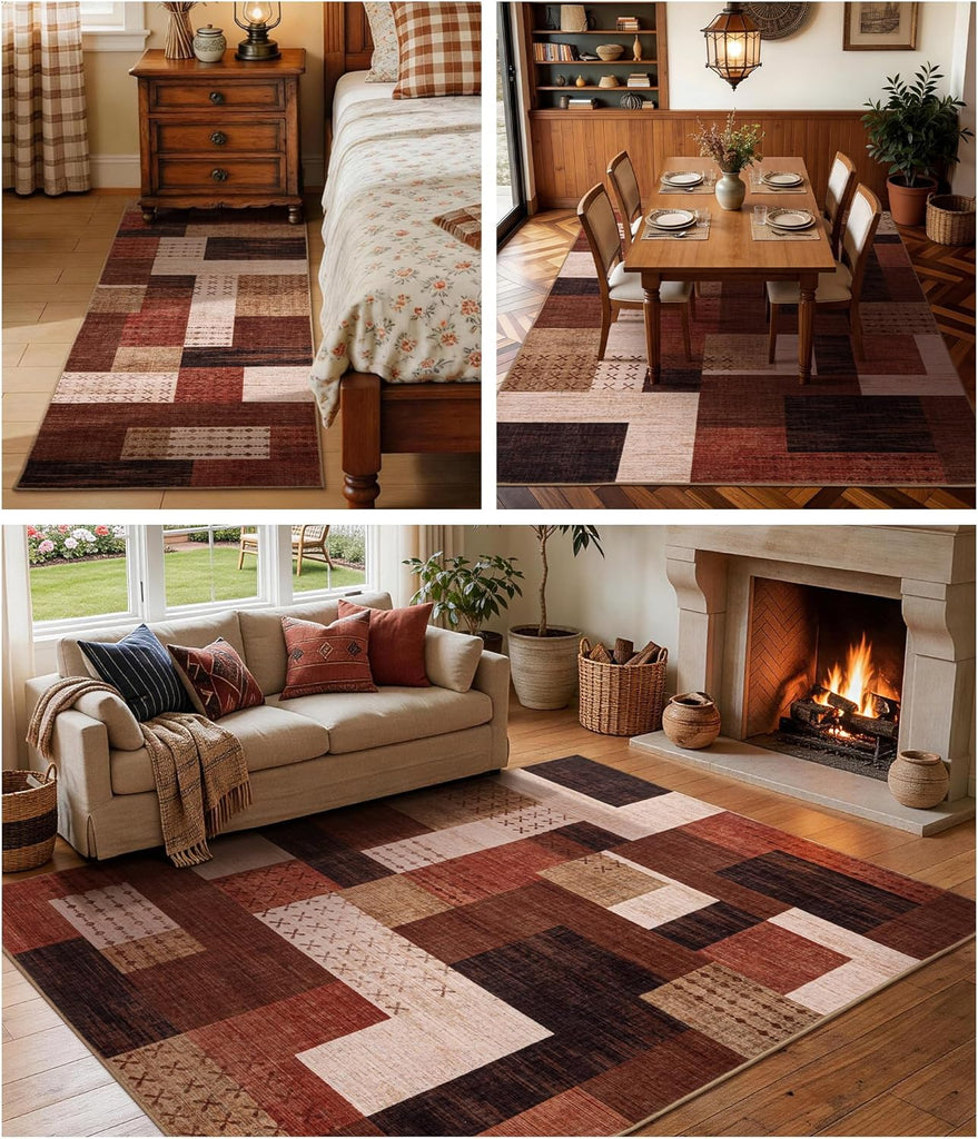 Modern Washable Area Rugs, Brown Geometric Patchwork Rug Non Slip, Large Southwestern Tribal Carpet for