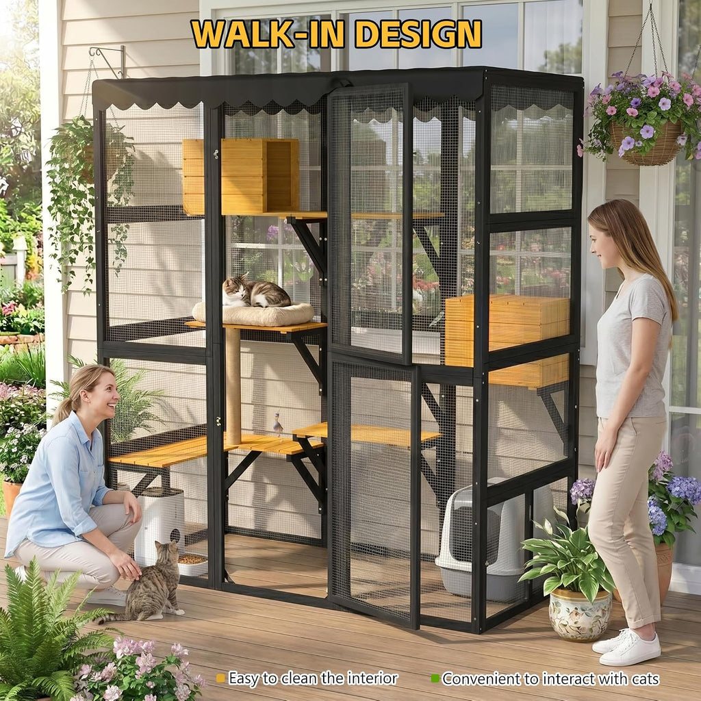 Large Catio Outdoor Cat Enclosure, Freestanding Walk-in Cat Play House W/Window Connection for Multiple Indoor