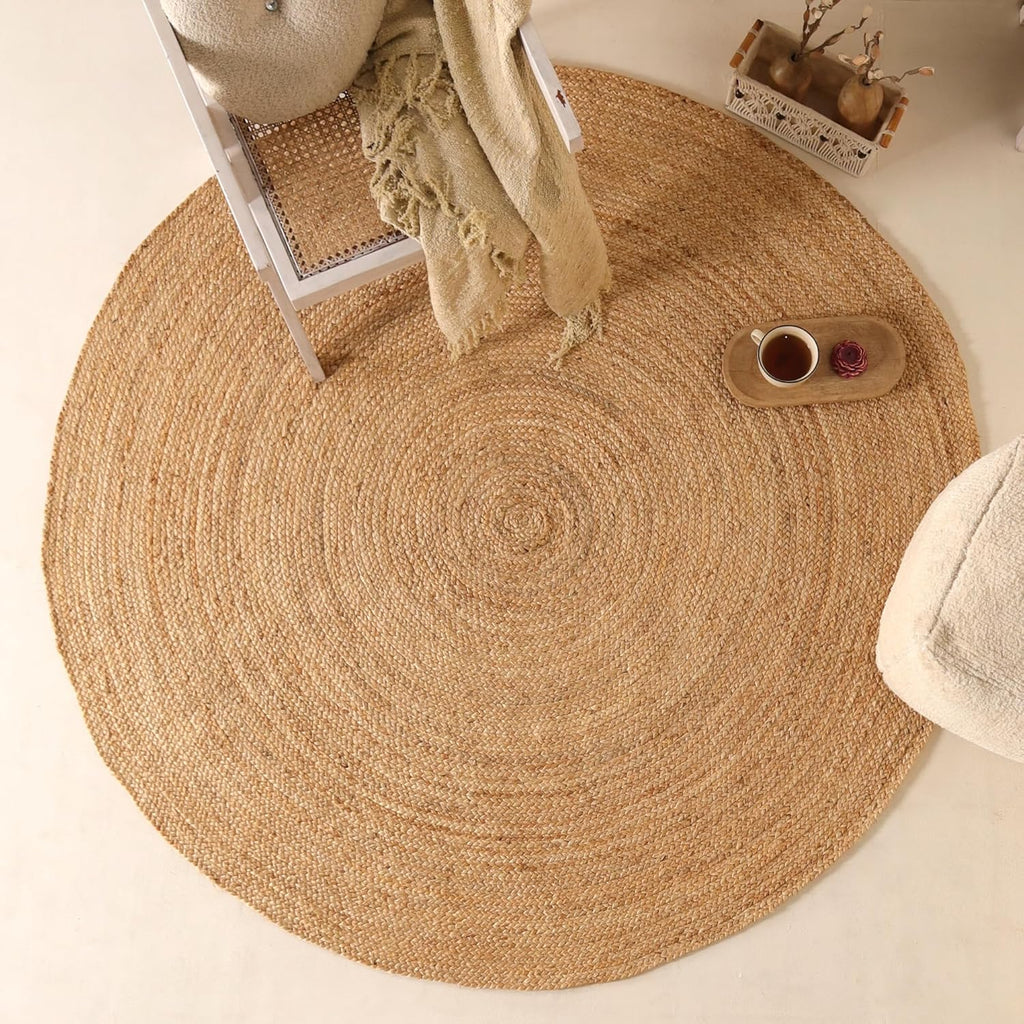Handwoven 6FT Round Natural Jute Area Rug Rustic Reversible Solid Farmhouse Rug for Bedroom Living R