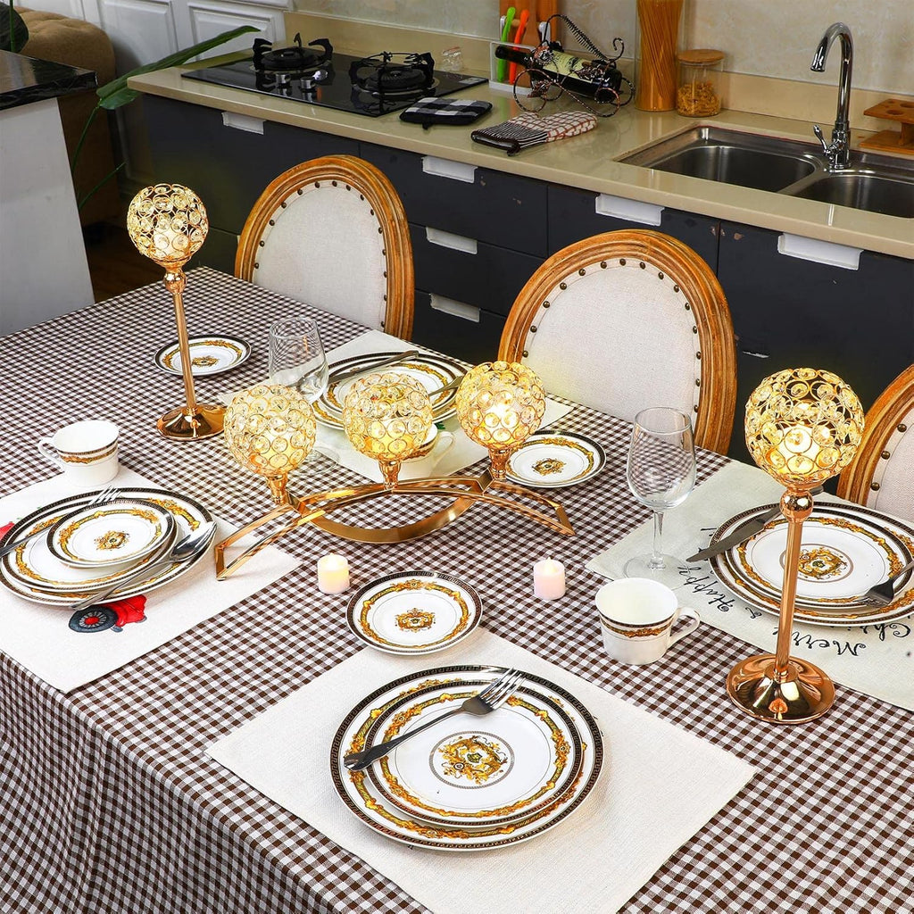 Set of 3 Pieces Gold Crystal Candle Holders, Tealight Candlestick Candelabra Stand with 3 Arms, Decorative Table