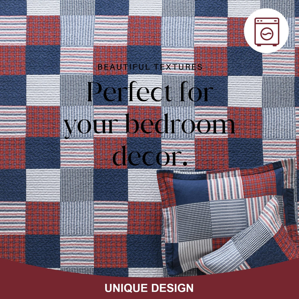 Quilt Set, 100% Cotton Quilt, Blue Red White Patchwork Plaid Quilt Sets, Lightweight