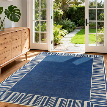 Striped Border Outdoor Rug 4x6, Washable Indoor Outdoor Patio Area Rugs for Balcony Backyard Non Slip, Modern Classic
