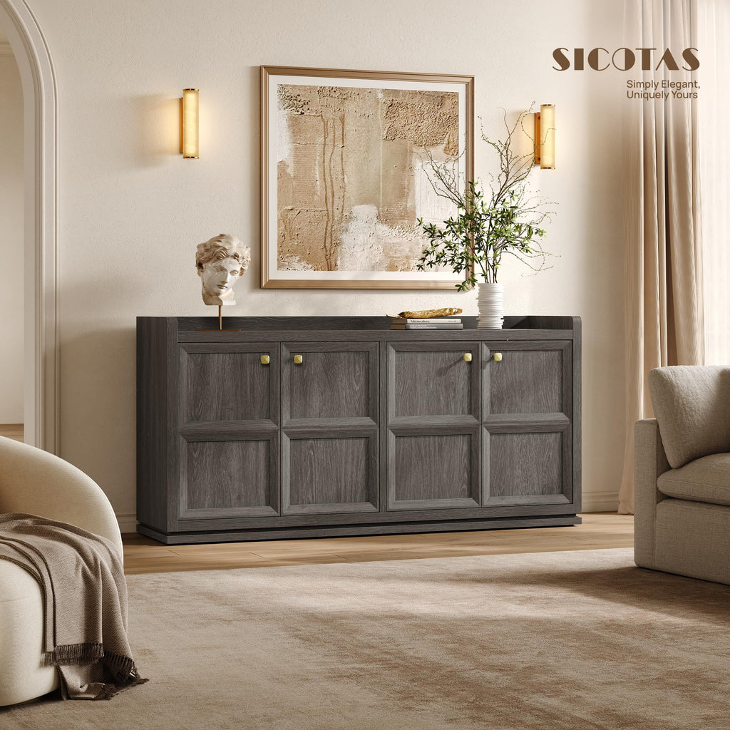 61.7" 4-Door Buffet Sideboard Cabinet Living Room, Dark Gray Oak