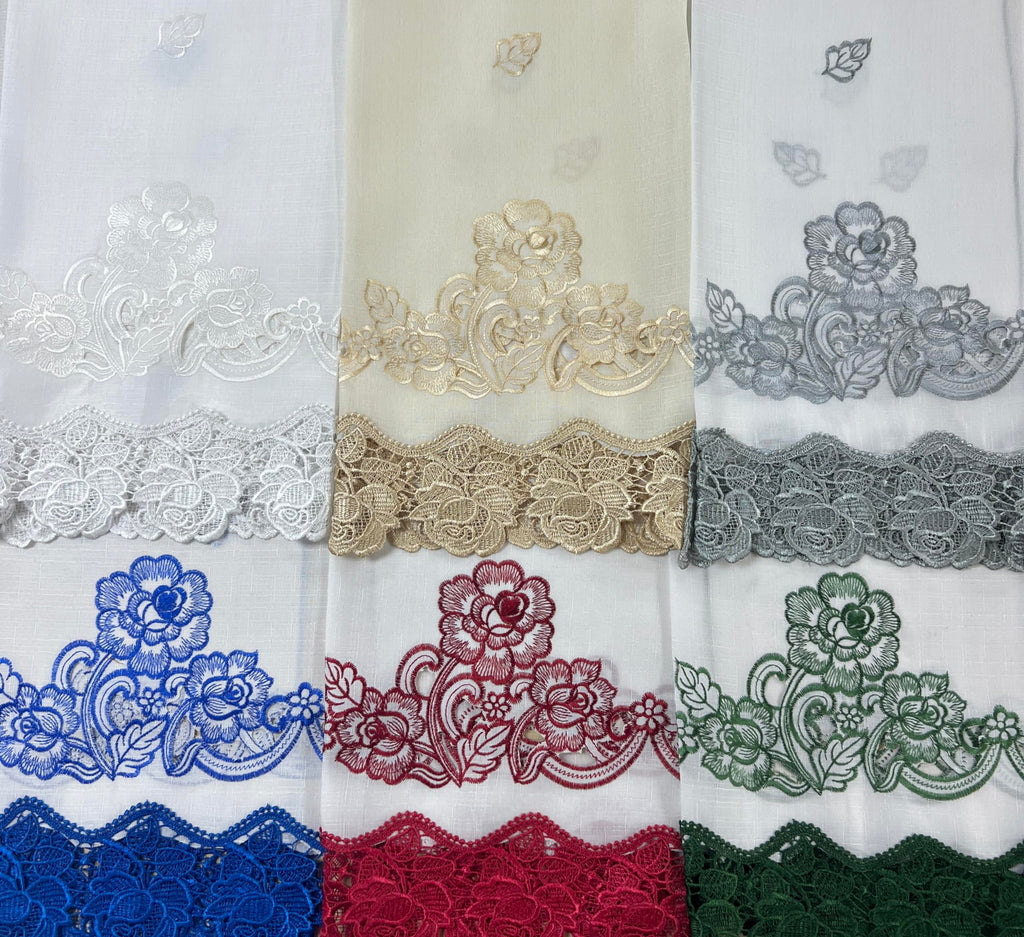 Lace Rosarium Kitchen Curtains, 3PCS Kitchen Curtains and Valances Set, Elegant White Fabric with Rose Embroidery and