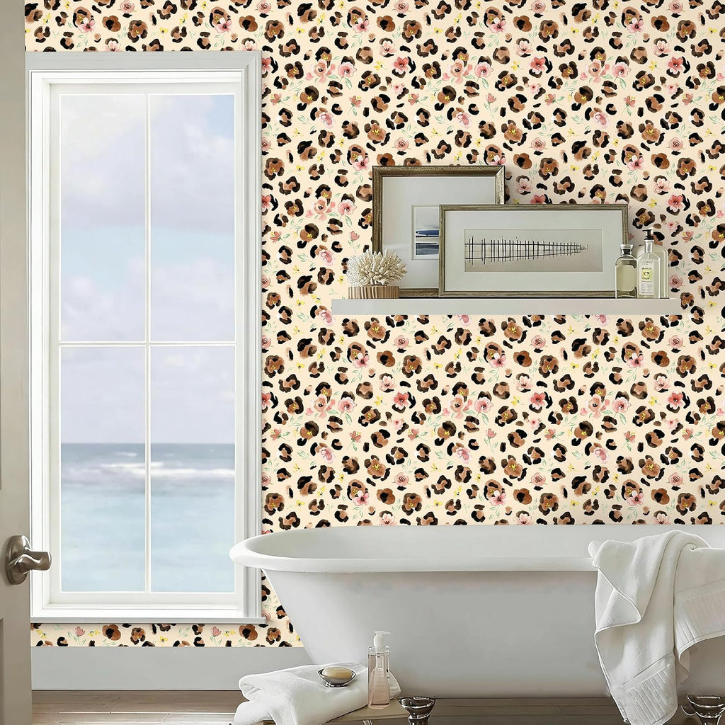Floral Cheetah Print Peel and Stick Wallpaper Boho 17.3in x 32.8ft | Renter Friendly Self Adhesive Removable Chic