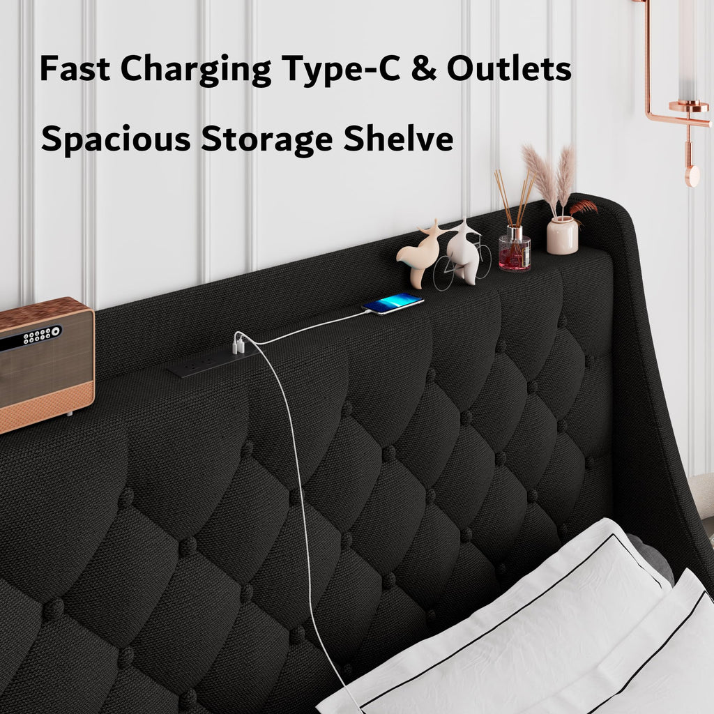 Queen Bed Frame with 4 Storage Drawers, Upholstered Platform Bed Frame with Type-C & USB Ports, Wingback Storage