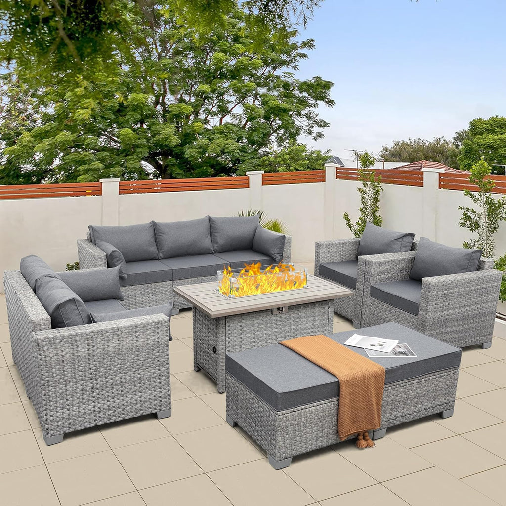 Patio Furniture Set 7 Piece Grey Wicker Outdoor Conversation Sets PE Rattan Sectional Sofa with Propane Fire