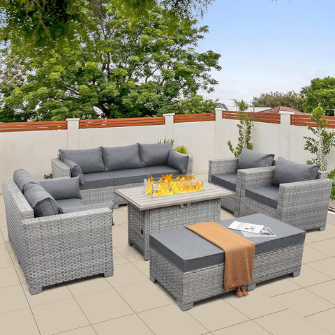 WAROOM Patio Furniture Set 7 Piece Grey Wicker Outdoor Conversation Sets PE Rattan Sectional Sofa with Propane Fire