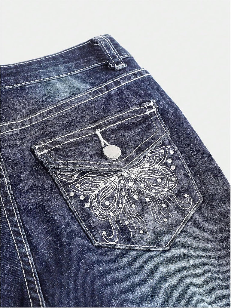 Girl's Y2K Flare Jeans Rhinestone Butterfly Denim Trousers