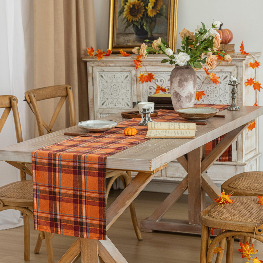 Plaid Fall Thanksgiving Orange Red Table Runners 120 inches Long