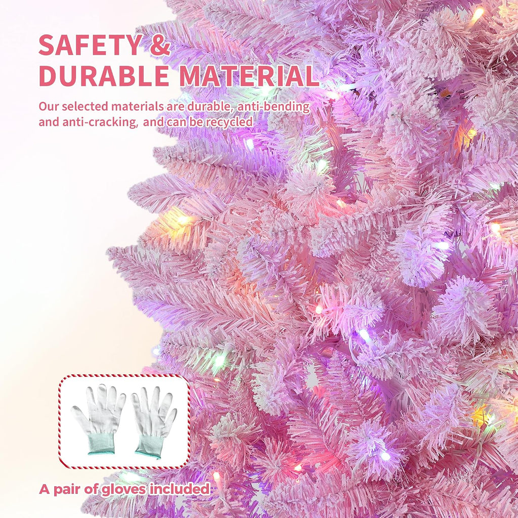 Prelit Artificial Christmas Tree with RGB & Warm White Lights, Pre-Lit Snow Flocked Pencil Christmas Tree