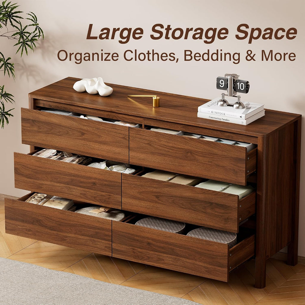 Walnut Mid-Century Modern 3 Piece Bedroom Furniture Set, 6 Drawer Dresser with Handleless Wood Grain Design and