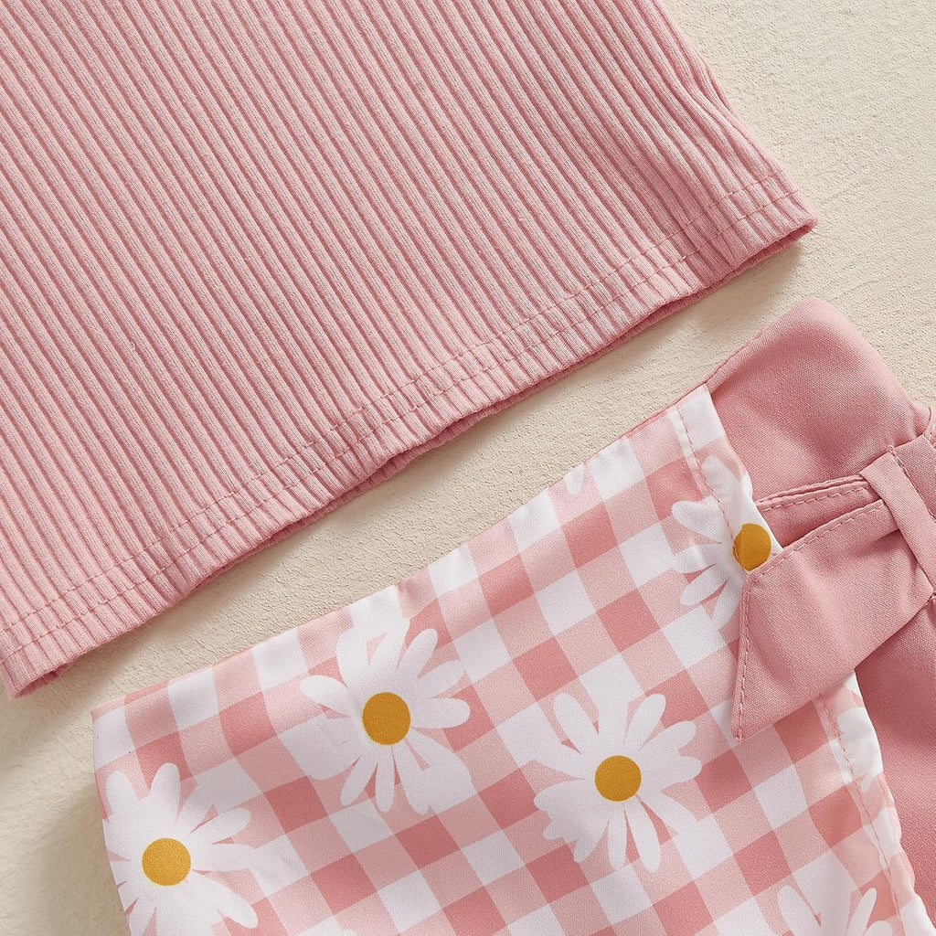 Toddler Baby Girls Summer Outfit Sleeveless Ribbed Collared Tank Tops + Floral Skirt Shorts Set Kids Cute Clothes