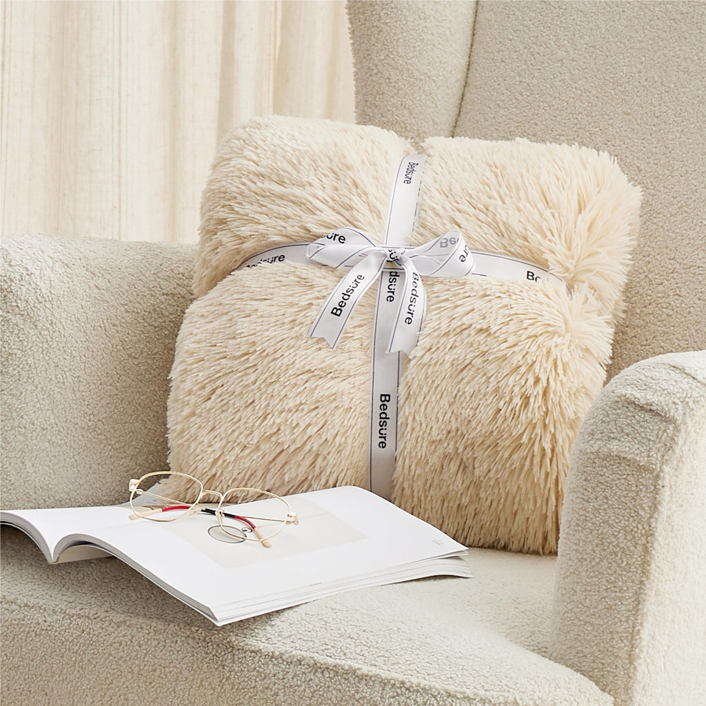 Faux Fur Fluffy Fleece Sherpa Blanket Couch Throw Beige 50"x60"