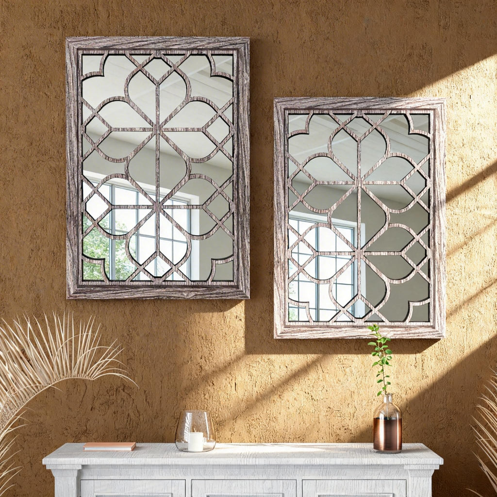 Set of 2 19x26 Inch Large Brown Shatterproof Rectangular Wall Mirrors, Boho Rustic Farmhouse Vintage Accent Mirrors
