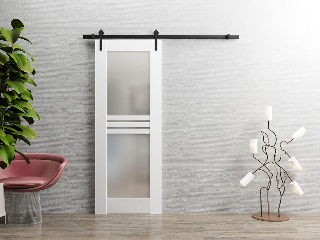 Mela 7222 | Interior Single Sliding barn Door with Frosted Glass, MDF, 32x84, White, Modern Style | 