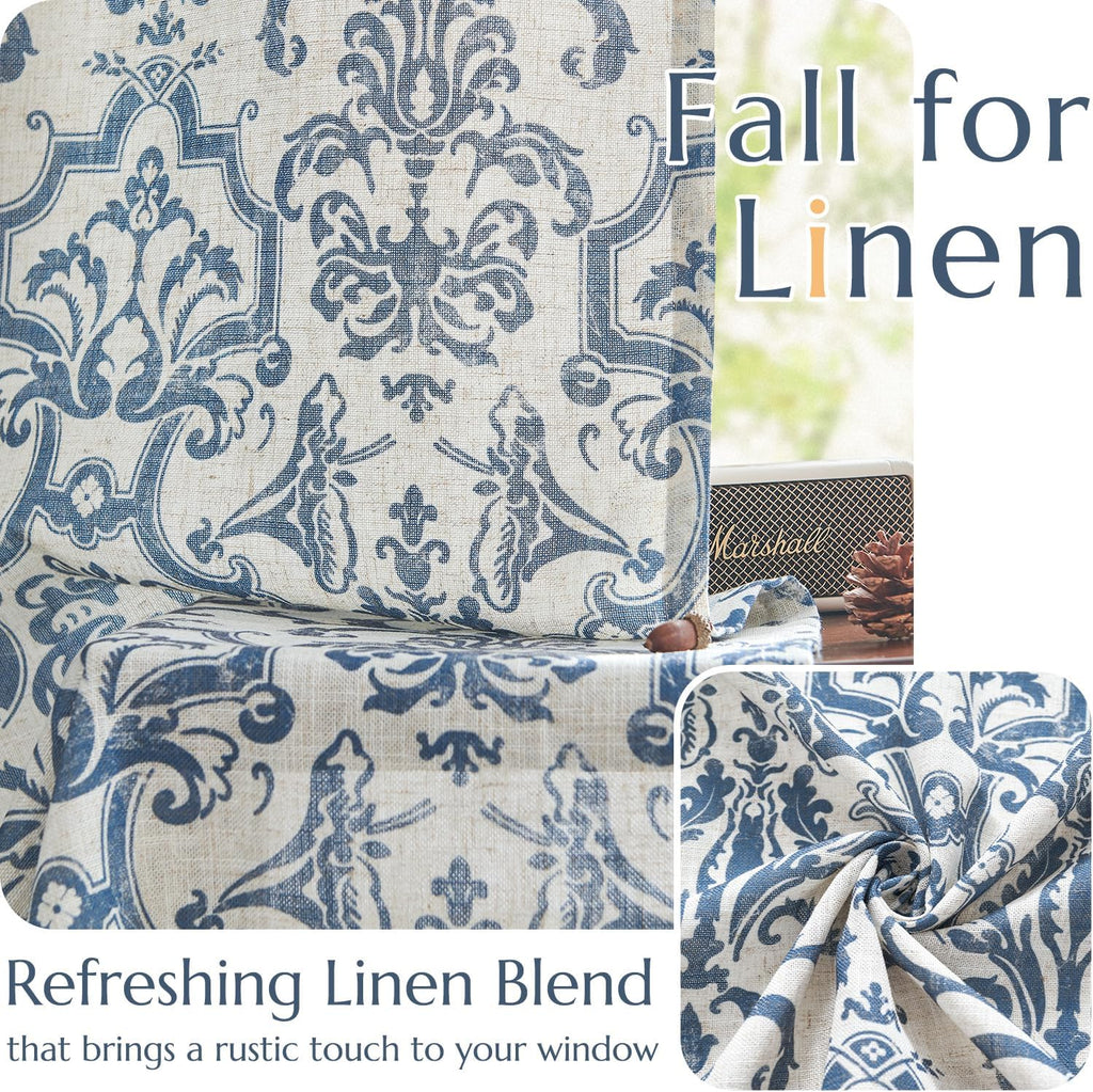 Blue Linen Curtains Light Flitering Grommet 96 Inch 2 Panels