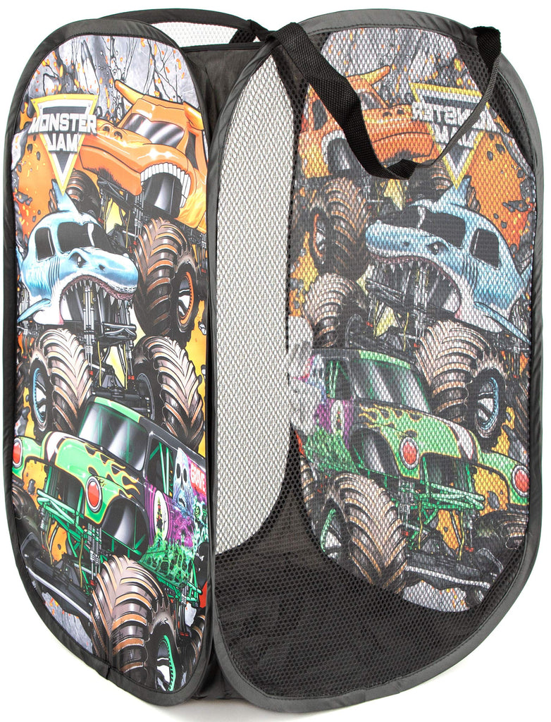 Monster Jam Break Out Pop Up Hamper - Mesh Laundry Basket/Bag with Durable Handles - Features Grave Digger & Megalodon