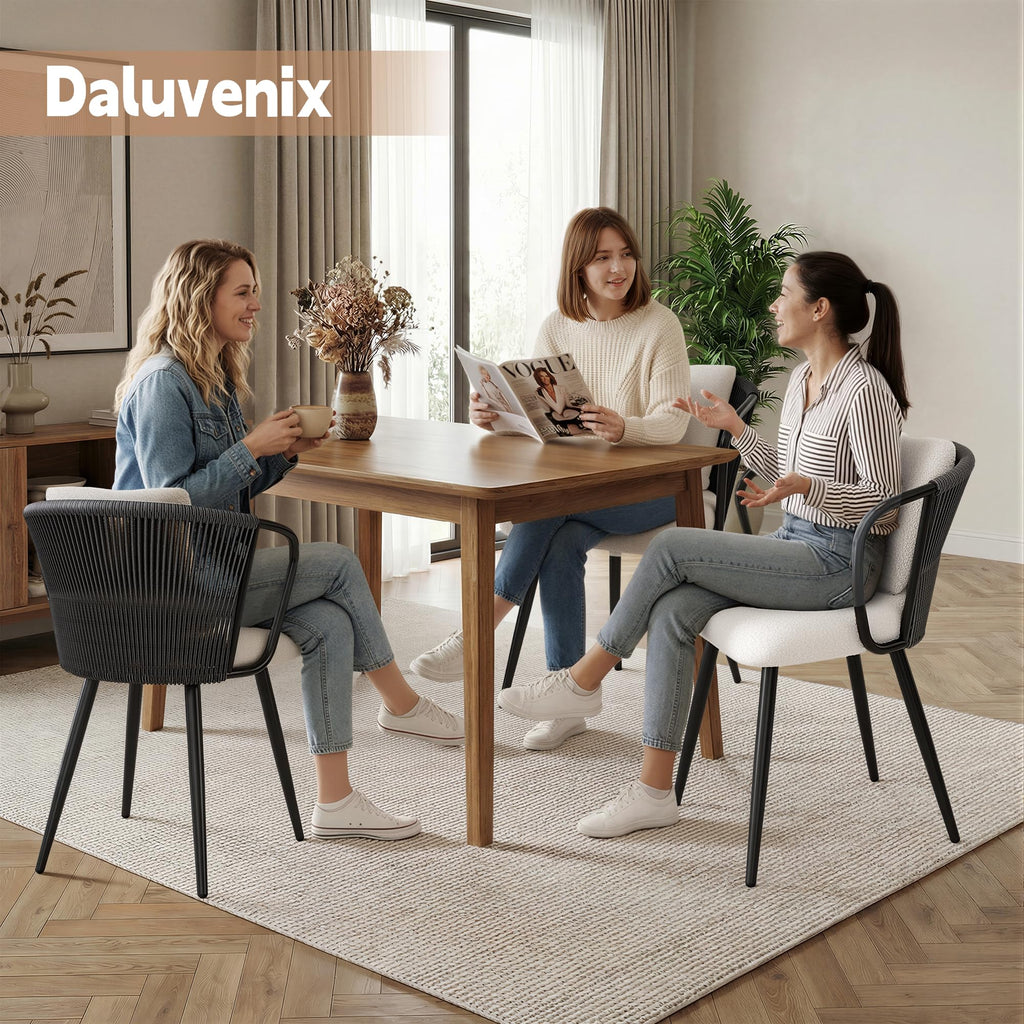 Rope Weaving Dining Chairs Set of 6, Rattan Upholstered Kitchen Chair with Metal Legs, Ergonomic Curved Backrest