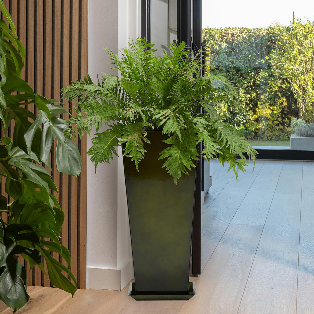 Garden 28" Large Metal Glazed Planter Set of 2, Luxurious Glossy Finish Green Tall Square Tapered Steel Plant Pots