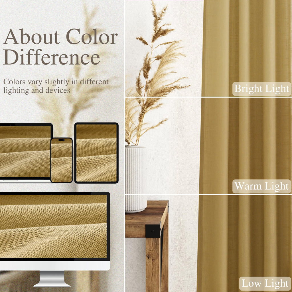 Gold Linen Curtains 84 Inch Length 2 Panels Set Rod Pocket Back Tab Light Filtering Window Drapes Dining Room Protect