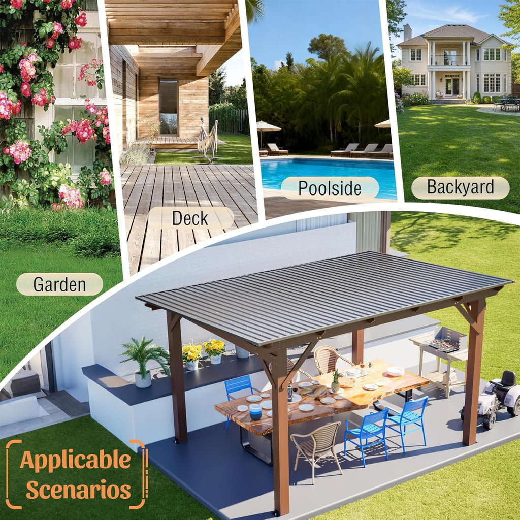 13' x 10' Wooden Garden Gazebo with Metal Roof, Spacious Outdoor Patio Pergola Shade Structure for Backyard, Deck