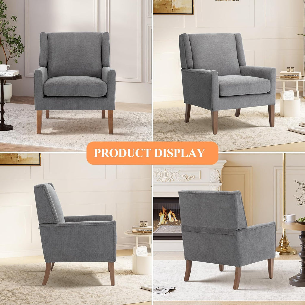 Living Room Chair, Wingback Mid-Century Accent Chair - Comfy Single Sofa with Solid Wood Legs & Velvet-Like Fabric