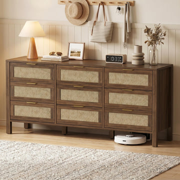 Rattan Chest of Dressers, Wooden Drawer Dresser, 9 Drawers Rattan Dresser (Walnut Brown, 9 Drawers)