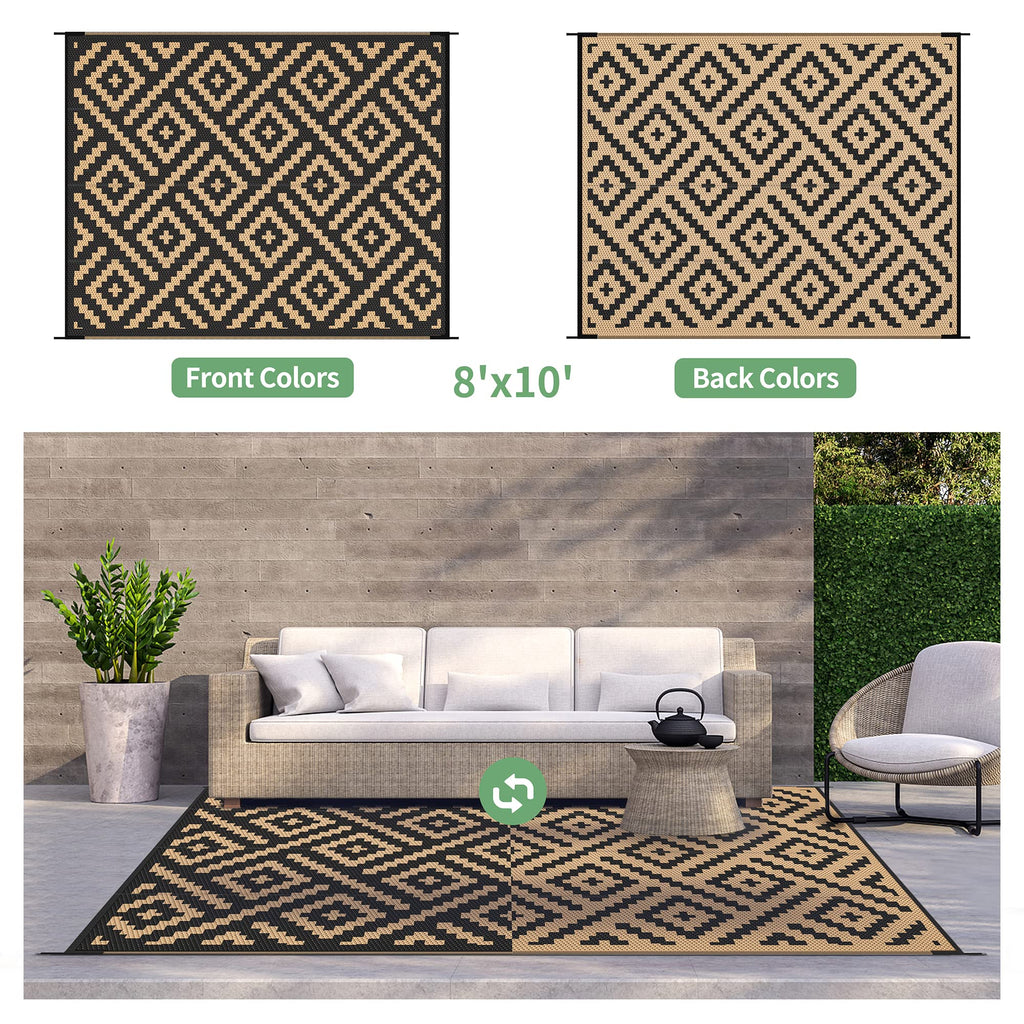 Outdoor Rug, Waterproof Plastic Rugs, 8'x10' Black Brown