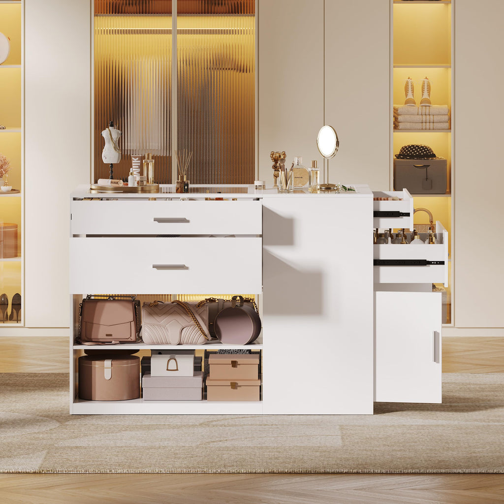 Bedroom Closet Island with 6 Drawers, Armoire Wardrobe Island, White