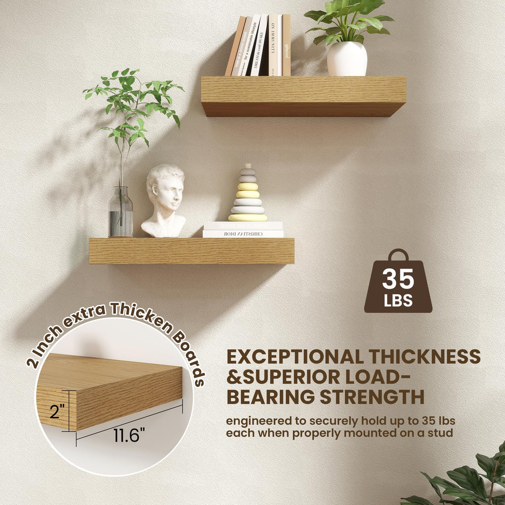 20 Inch Floating Shelves, 12'' Deep Oak Shelves for Wall Set of 2