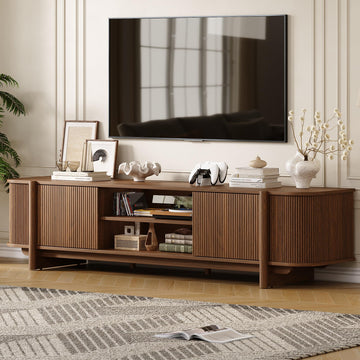 70" Mid Century TV Stand for TVs up to 80 Inch, Fluted Entertainment Center with Storage and Adjustable Shelves, Modern