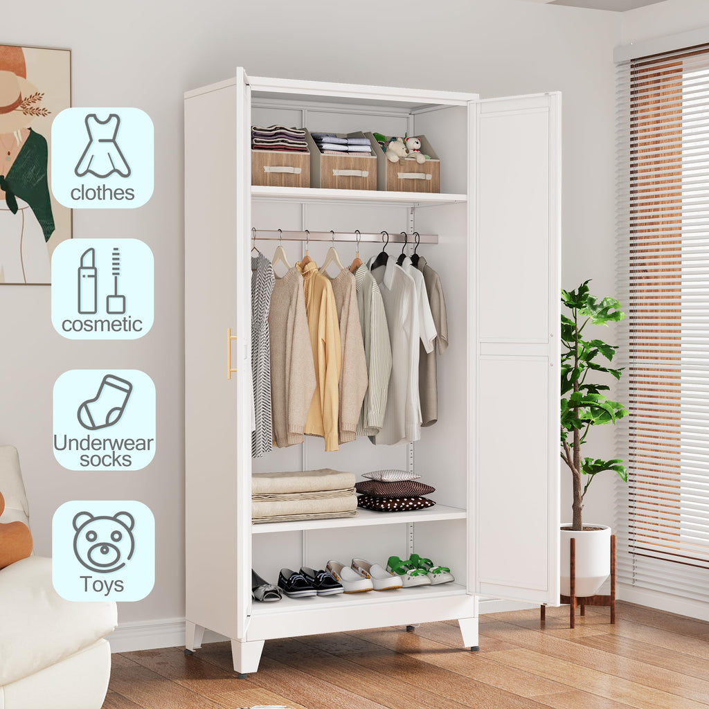 71 "Metal Armoire Wardrobe Closet, Steel Clothing Storage Cabinet with Adjustable Shelves and Hanging Rod, Household