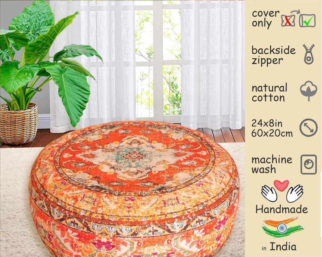 Colorful Pouf Cover Orange Round Orange Floor Pillow Seating Area Stool Boho Room Décor Accent Furniture Cotton 24x8