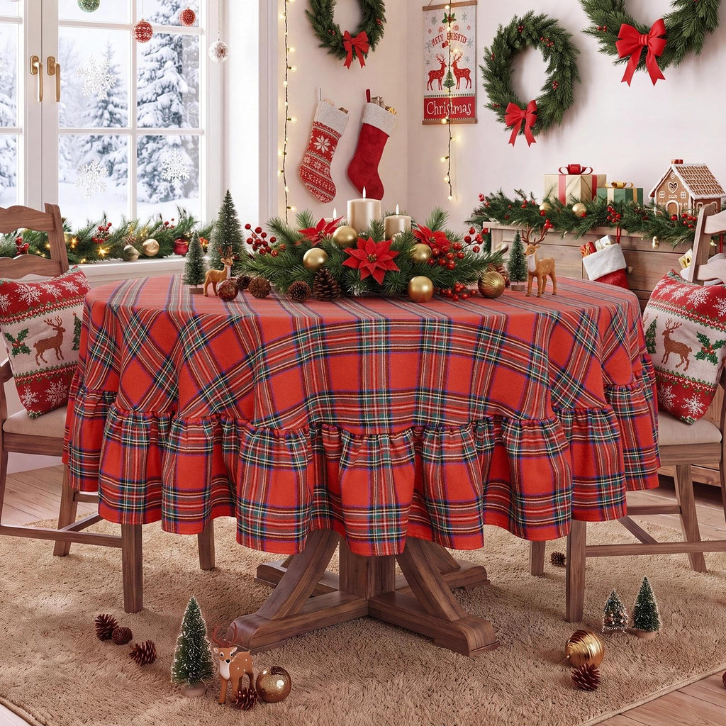 Christmas Plaid Ruffled Round Tablecloth, 70 Inch Red